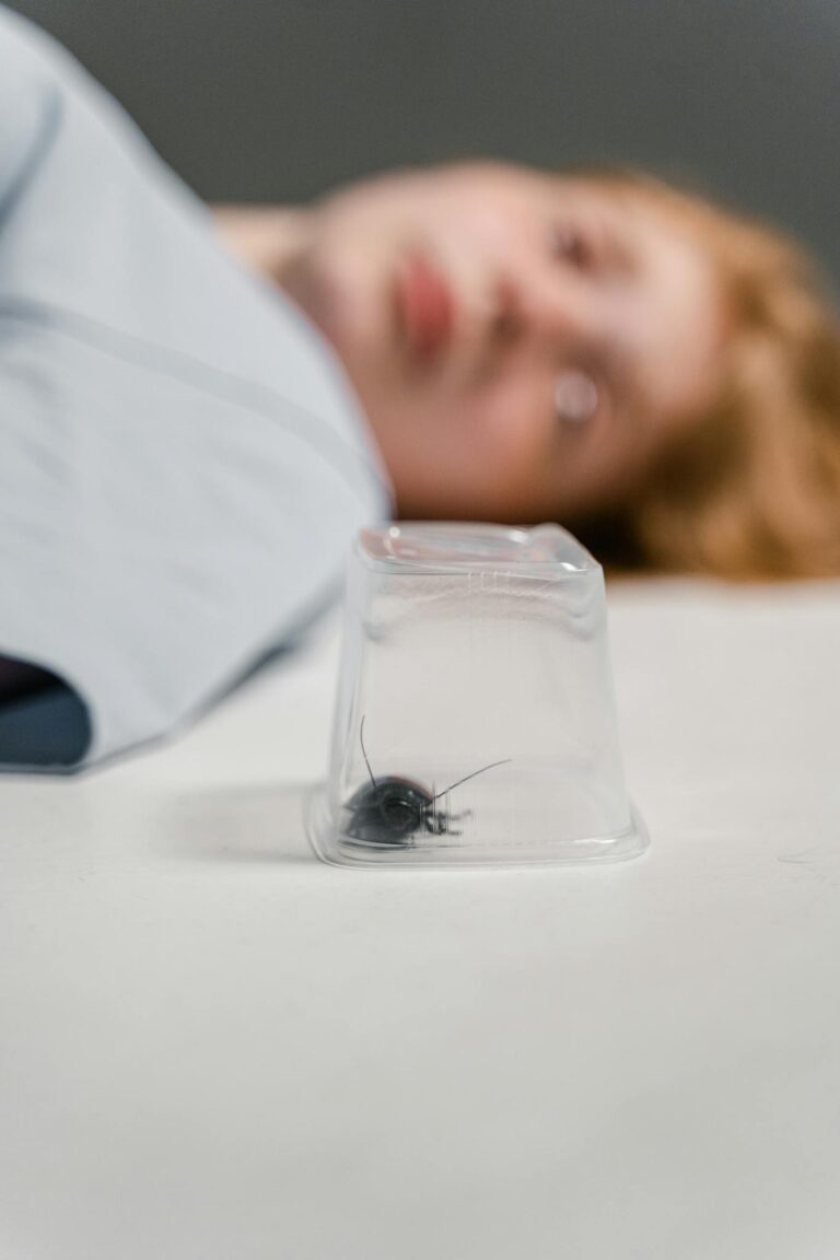 Close-up of a cockroach trapped under plastic, person blurred in background.